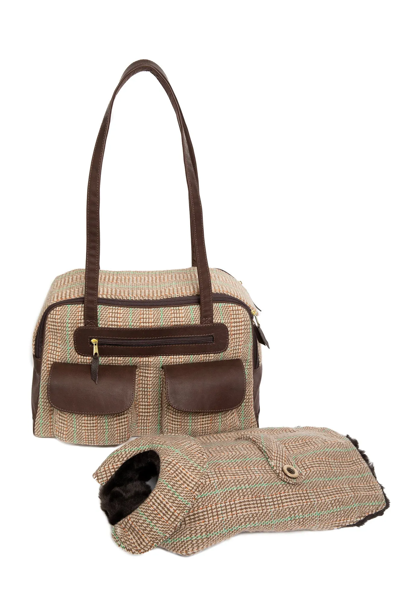 Dog Carrier - Winter - Cashmere Dog Carrier  - Beige & Green Plaid