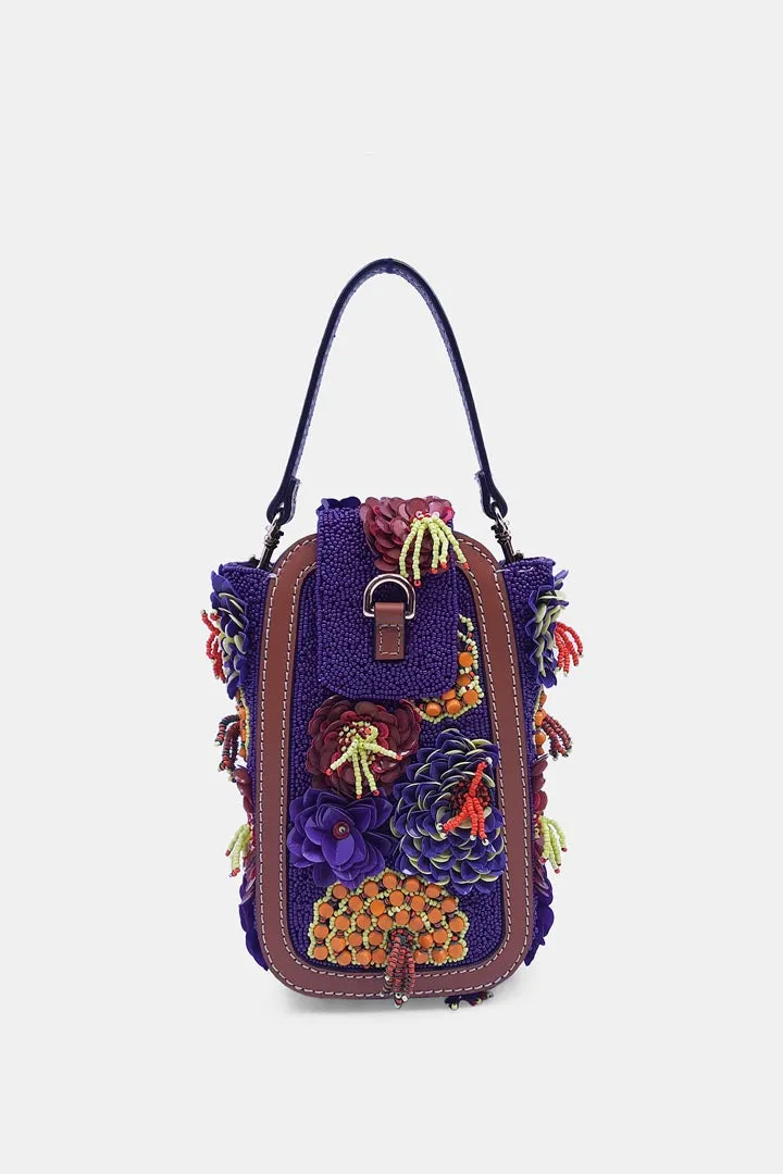 Embellished Beaded Viola Flower  Clutch Bag with Convertible Crossbody Sling