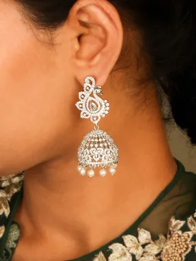 Enchanted Rhodium Plated Beautiful Peacock Inspired Jhumka With CZ Stones and Pearls for Women