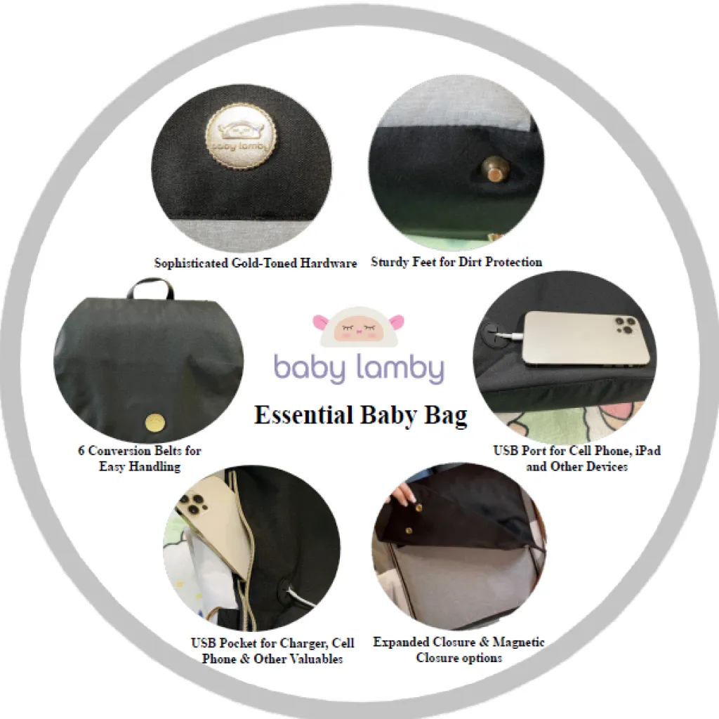 Essential Baby Lamby Diaper Bag with Changing Pad, Strap Belts, USB Pocket & more