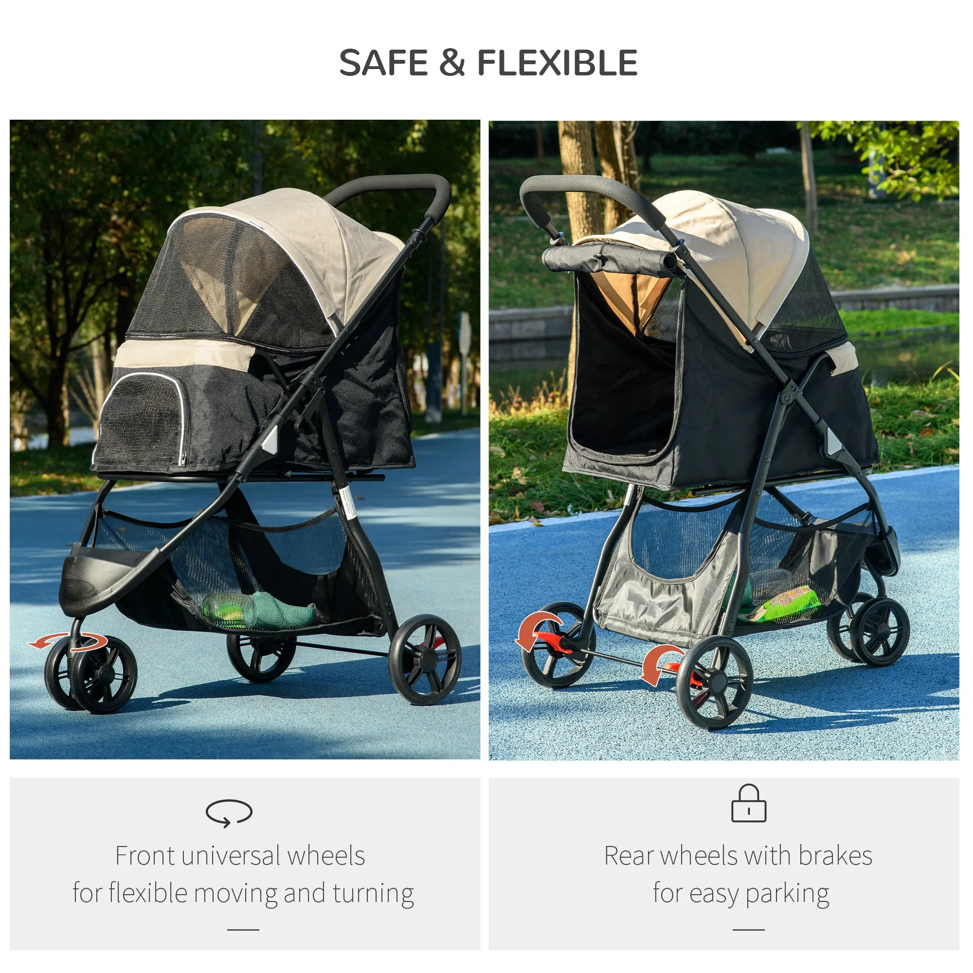 Foldable Pet Stroller with Rain Cover for XS and S-Sized Dogs Khaki