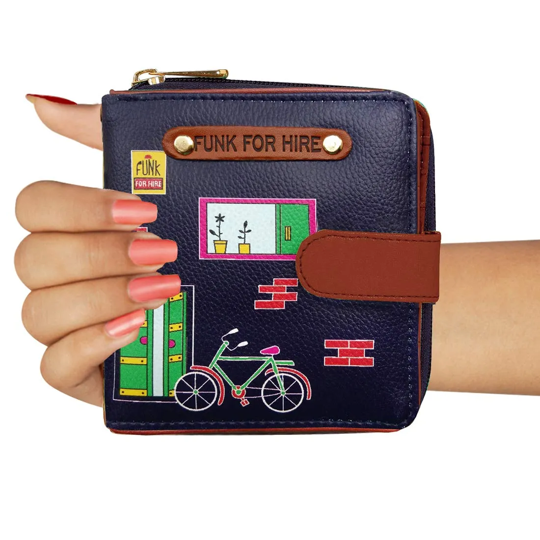 Funk For Hire Women Cycle Printed Navy Blue Vegan Leather Square Wallet