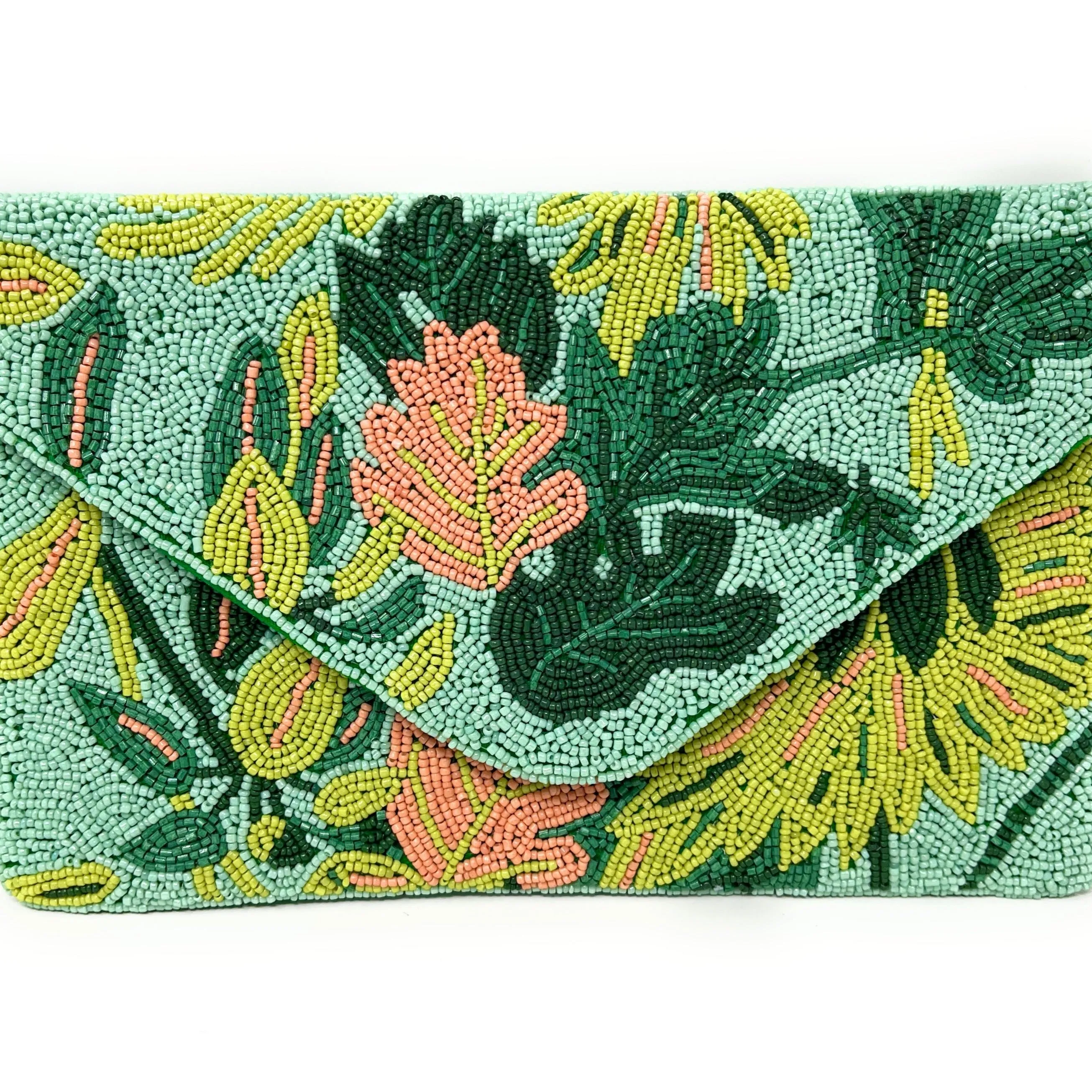 Green Beaded Floral Clutch Purse