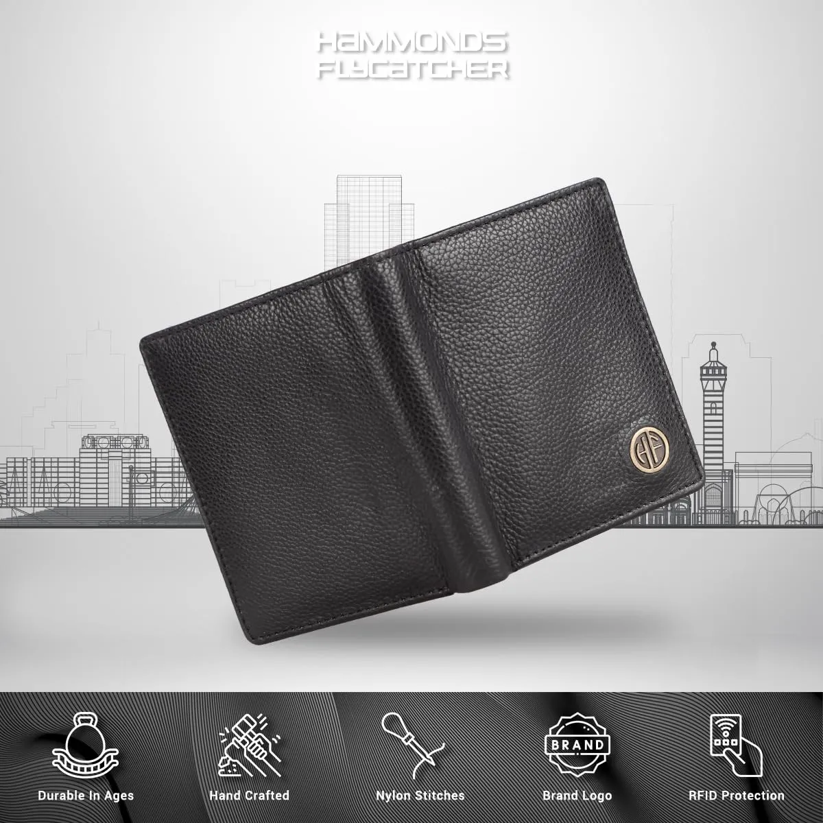 HAMMONDS FLYCATCHER Genuine Leather Wallet for Men - RFID Protected Leather Purse for Men, Money Purse for Men, Bi-Fold Wallet - 3 Card Slots, 2 ID Slots, Coin Pocket, Hidden Pockets - Black