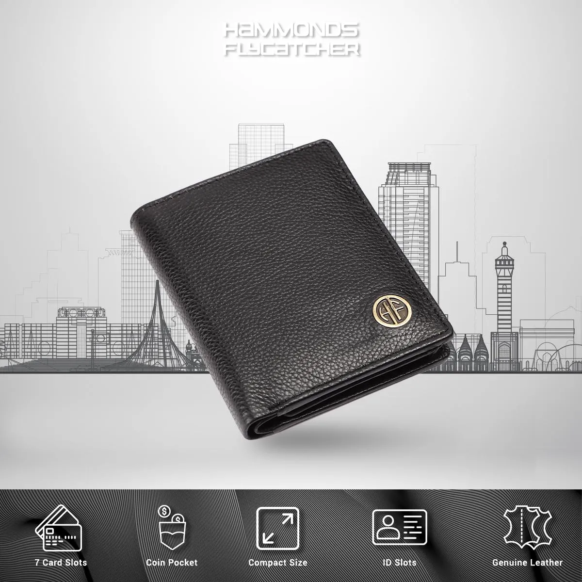 HAMMONDS FLYCATCHER Genuine Leather Wallet for Men - RFID Protected Leather Purse for Men, Money Purse for Men, Bi-Fold Wallet - 3 Card Slots, 2 ID Slots, Coin Pocket, Hidden Pockets - Black