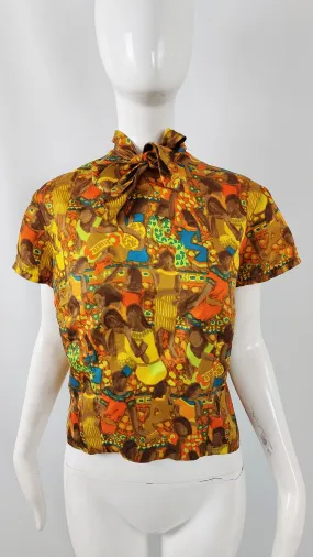 Hardy Amies Vintage Egyptian Print Silky Pussybow Blouse, 1960s