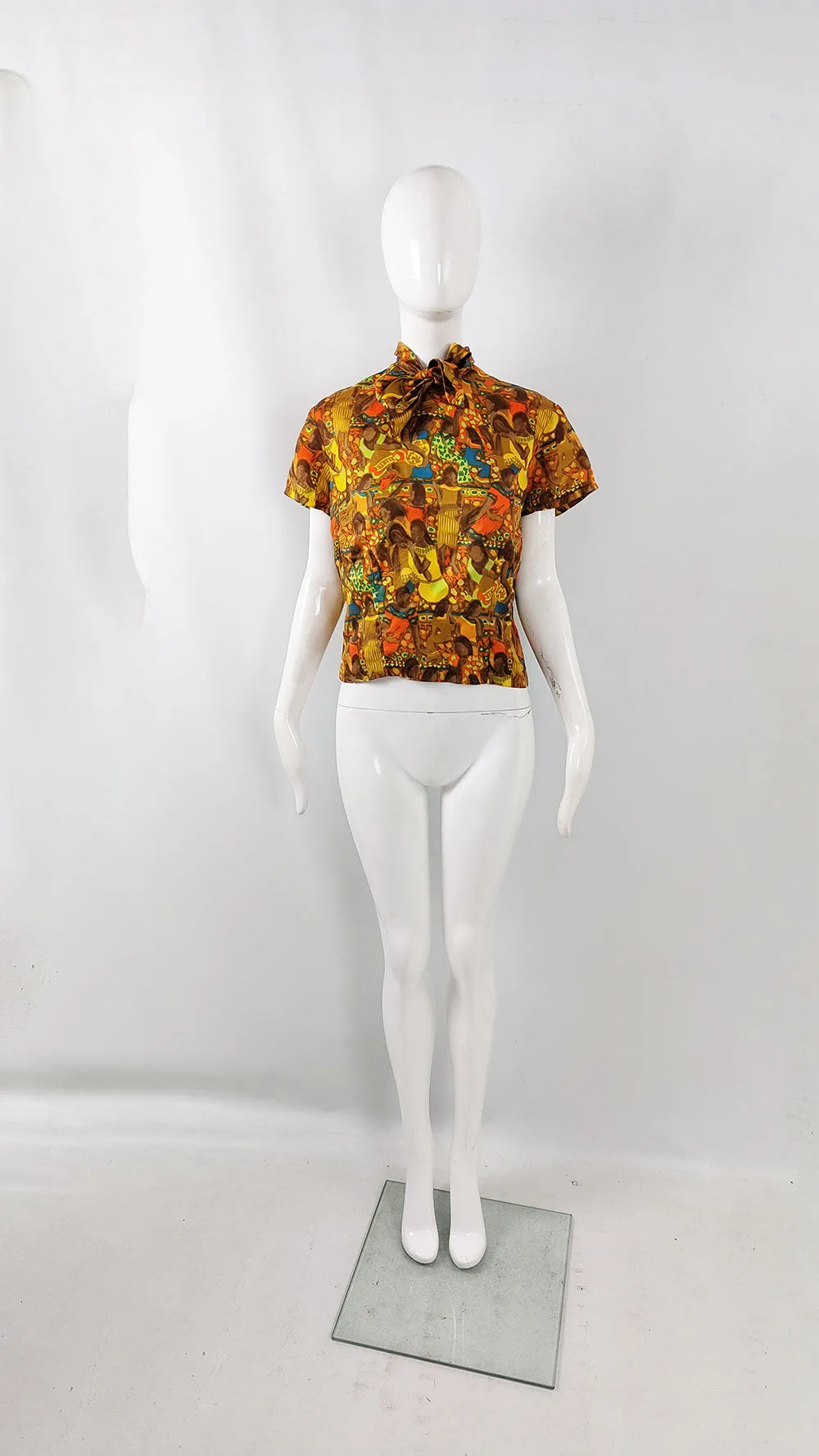 Hardy Amies Vintage Egyptian Print Silky Pussybow Blouse, 1960s