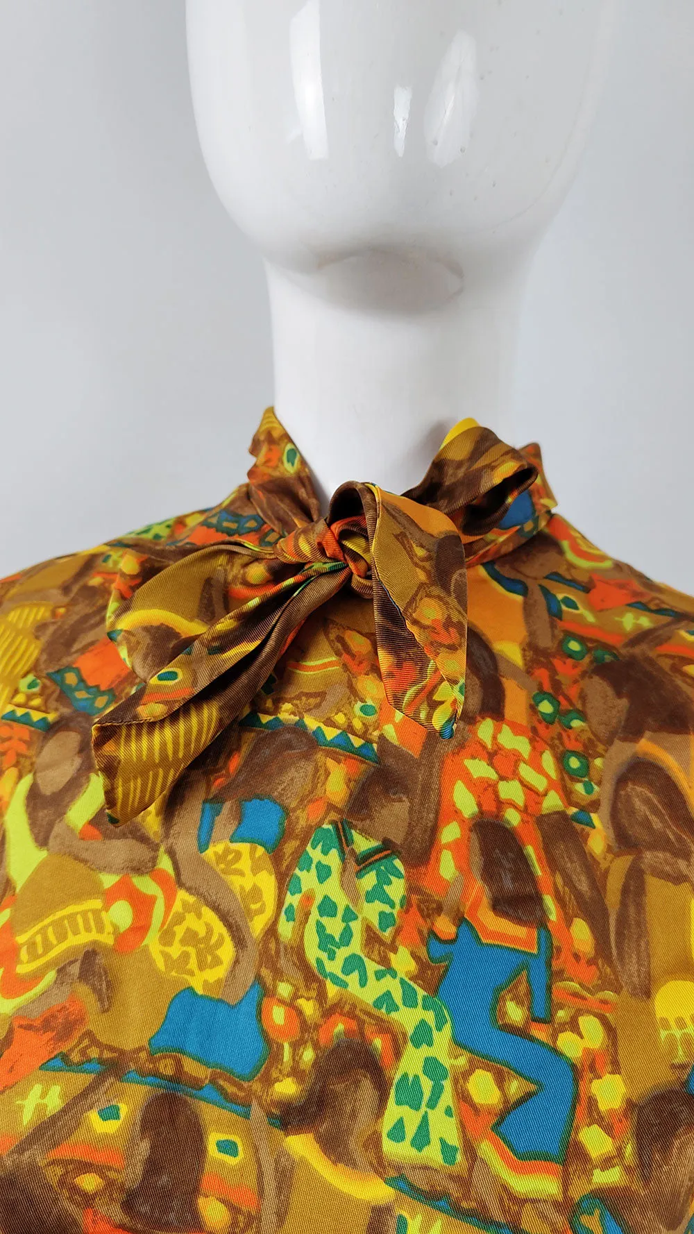 Hardy Amies Vintage Egyptian Print Silky Pussybow Blouse, 1960s