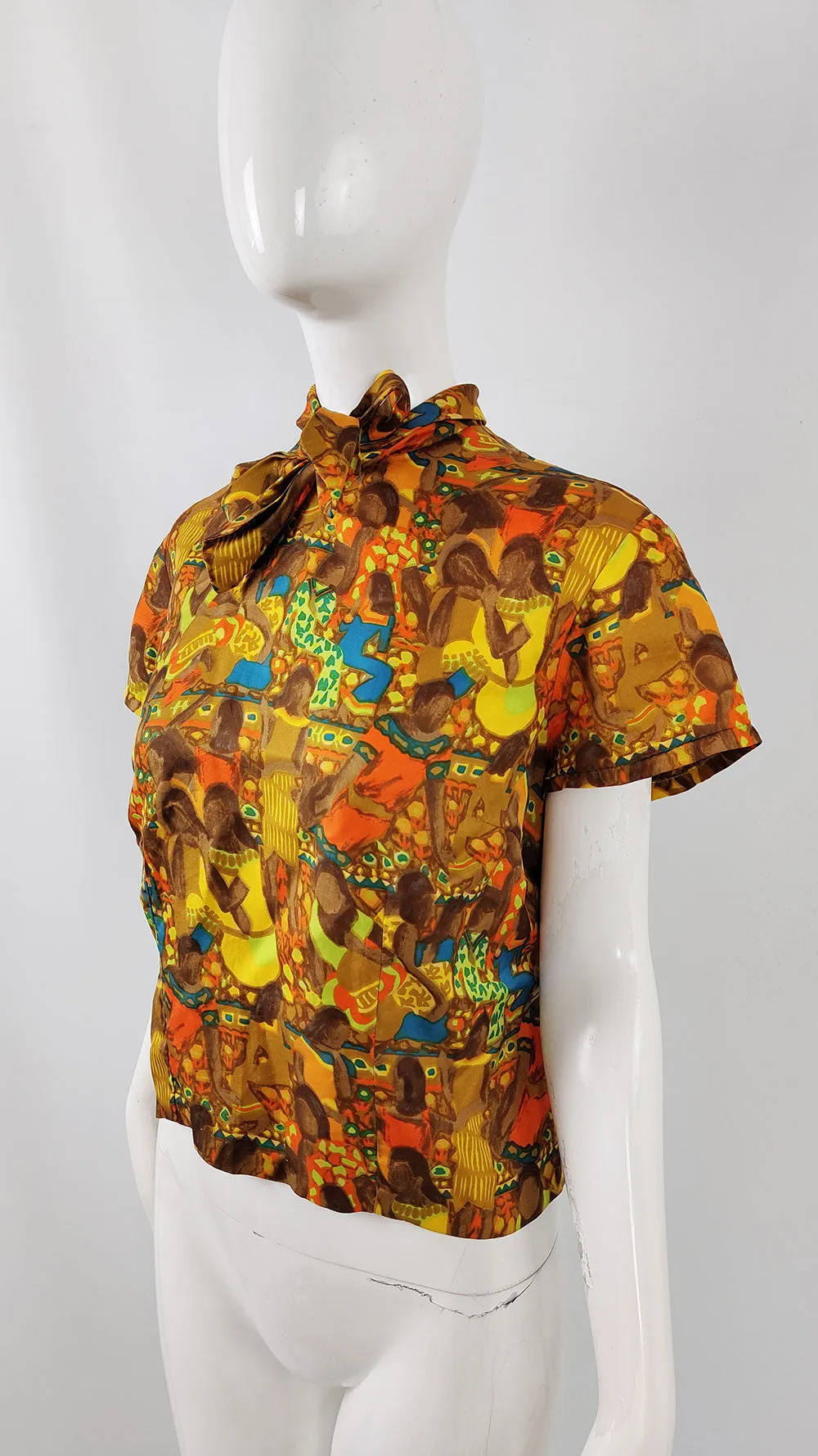 Hardy Amies Vintage Egyptian Print Silky Pussybow Blouse, 1960s