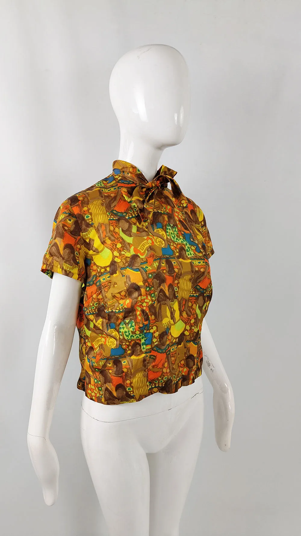 Hardy Amies Vintage Egyptian Print Silky Pussybow Blouse, 1960s