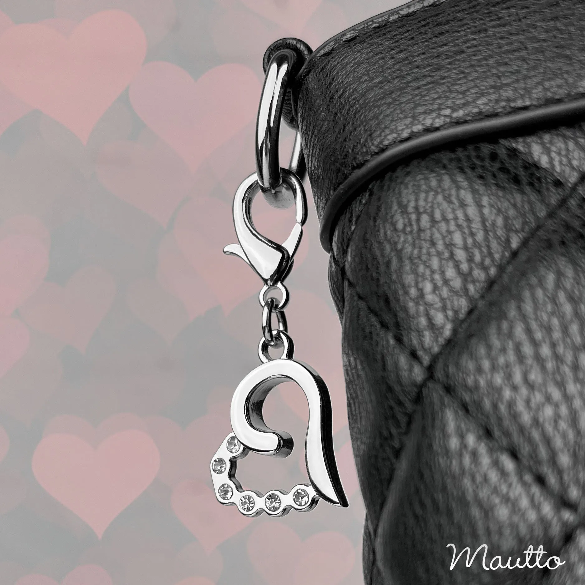 Heart & Diamonds Charm Silver Clip-on Accessory for Purse, Cell Phone, Handbag Zipper, Key Chain, Wallet / Coin Purse, Pet Collar