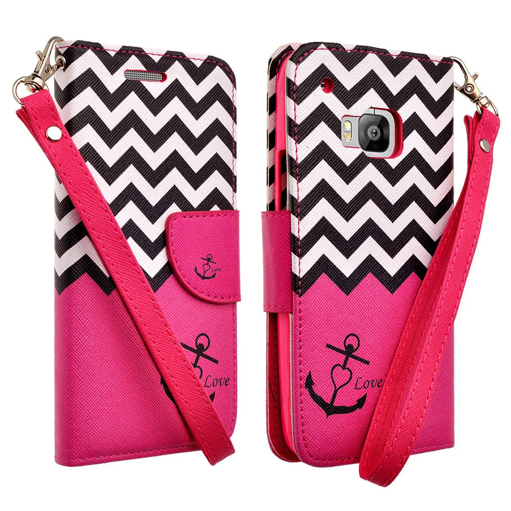 HTC One M9 Case, Wrist Strap Magnetic Flip Fold[Kickstand] Pu Leather Wallet Case with ID & Card Slots - Hot Pink Anchor