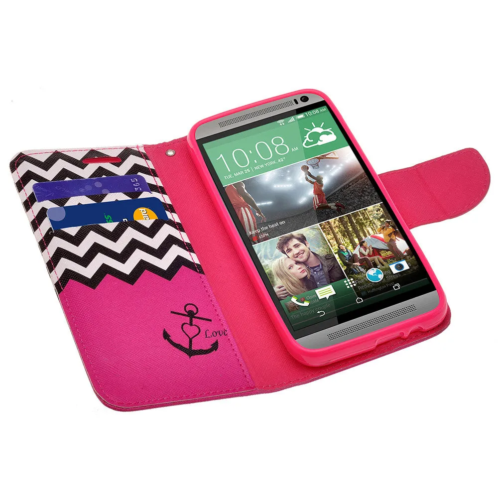 HTC One M9 Case, Wrist Strap Magnetic Flip Fold[Kickstand] Pu Leather Wallet Case with ID & Card Slots - Hot Pink Anchor