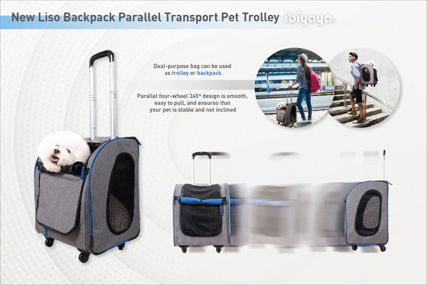 Ibiyaya New Liso Backpack Parallel Transport Pet Trolley - Slate/Sapphire