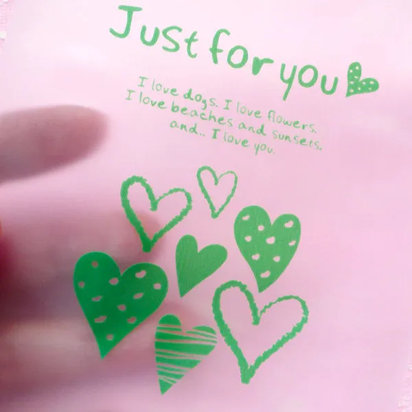 Kawaii Semi Clear Gift Bags "Just For You" Semi Transparent Plastic Gift Wrapping Bags with Heart (20 pcs) (10cm x 12.5cm) GB001