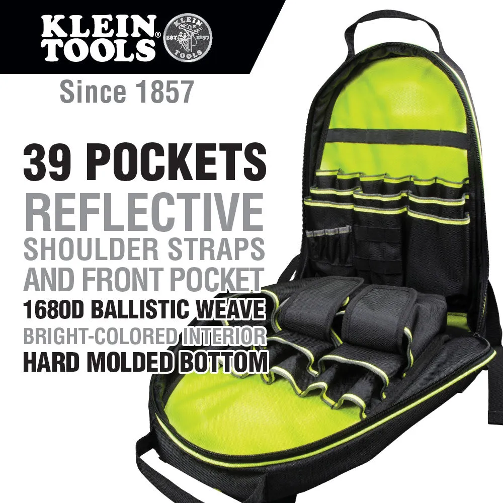 Klein Tools 55597 Tradesman Pro Tool Bag Backpack, 39 Pockets, Hi Viz, 20"