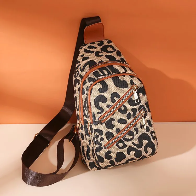 Leopard Print Sling Chest Bag With Headphone Jack Crossbody Backpack Shoulder Bag Women