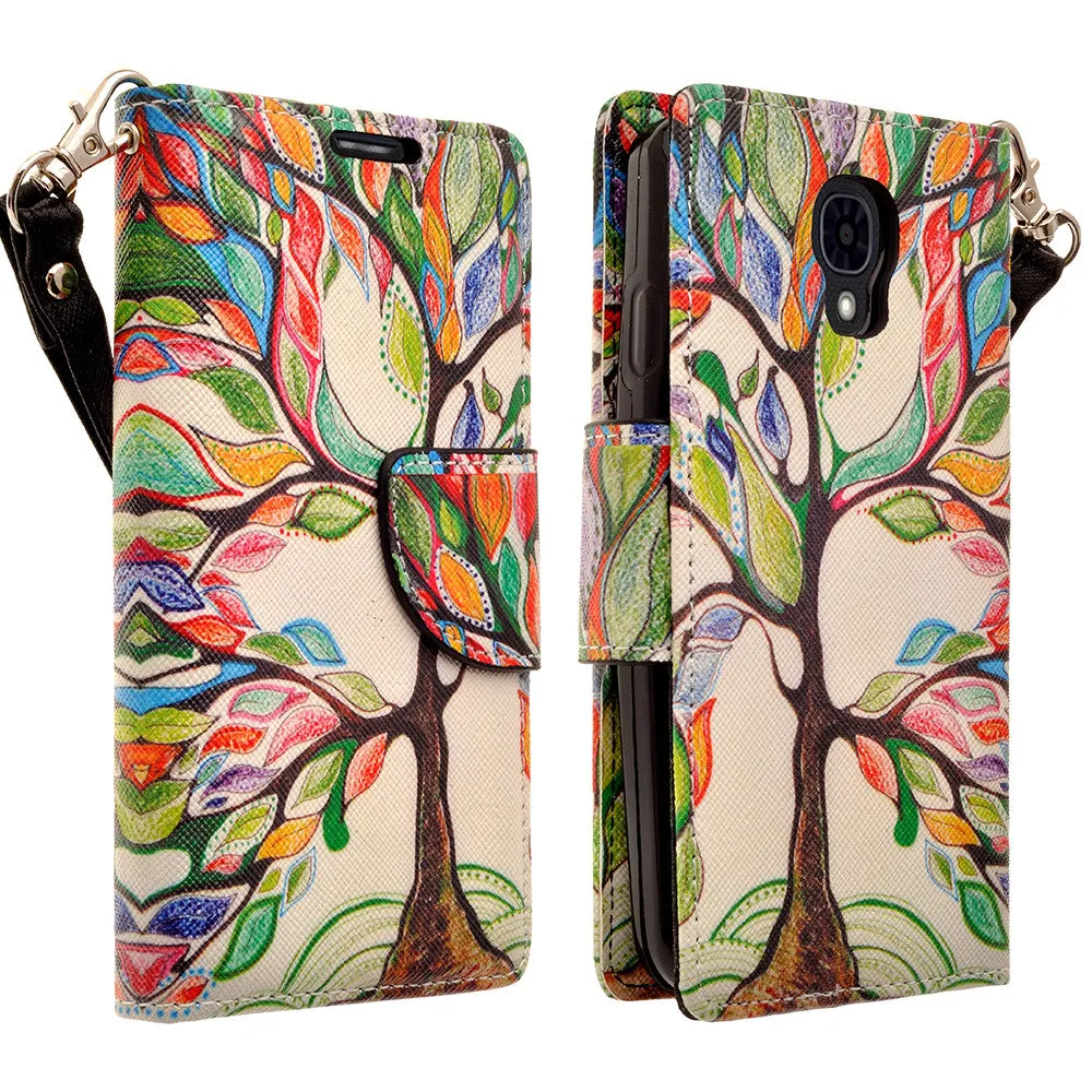 LG Volt Case,  LG LS740 Case Wrist Strap Pu Leather Magnetic Flip Fold[Kickstand] Wallet Case with ID & Card Slots for LG Volt - Colorful Tree