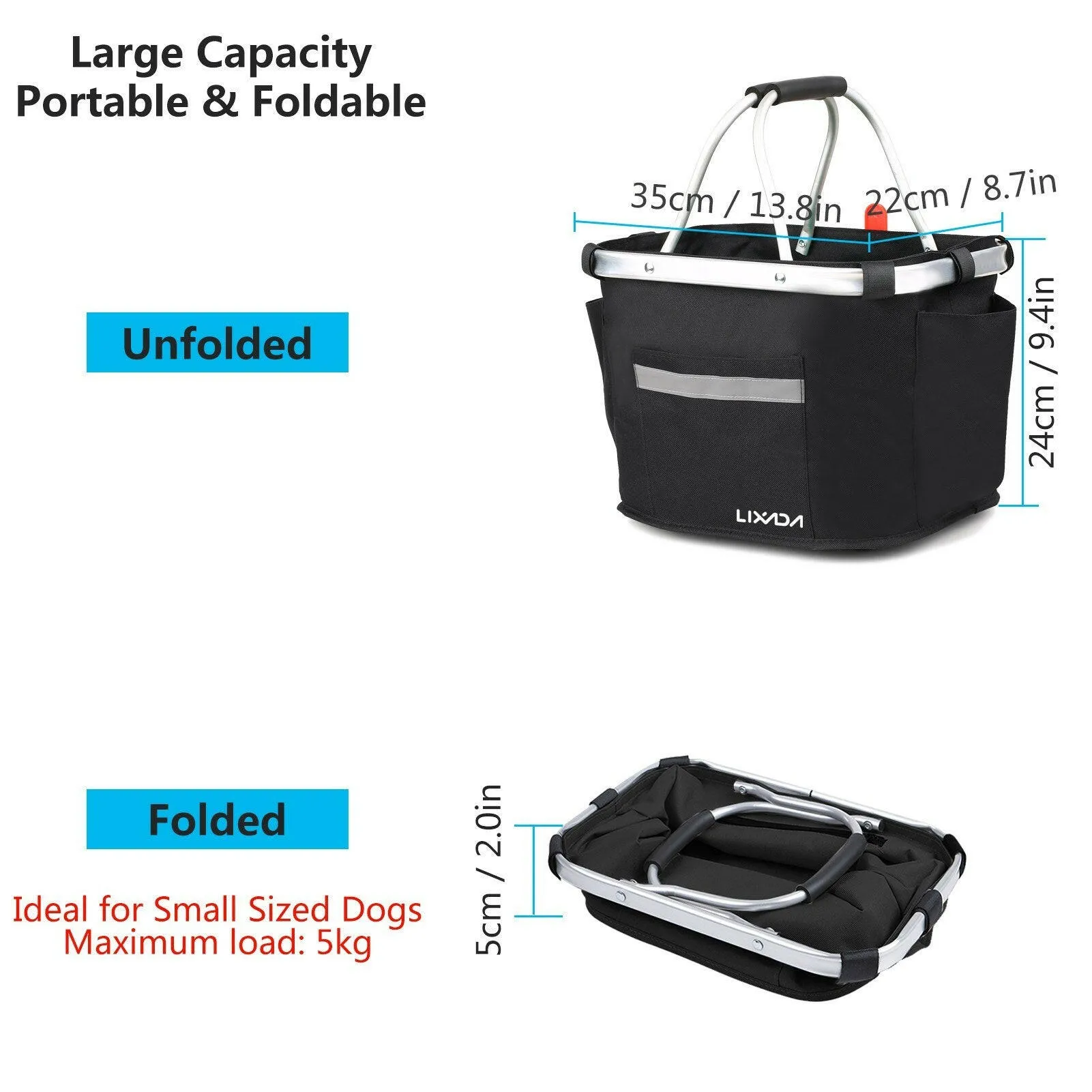 Lixada Collapsible Bike Basket Bicycle Handlebar Front Basket Pet Carrier Bag for Shopping Commuting