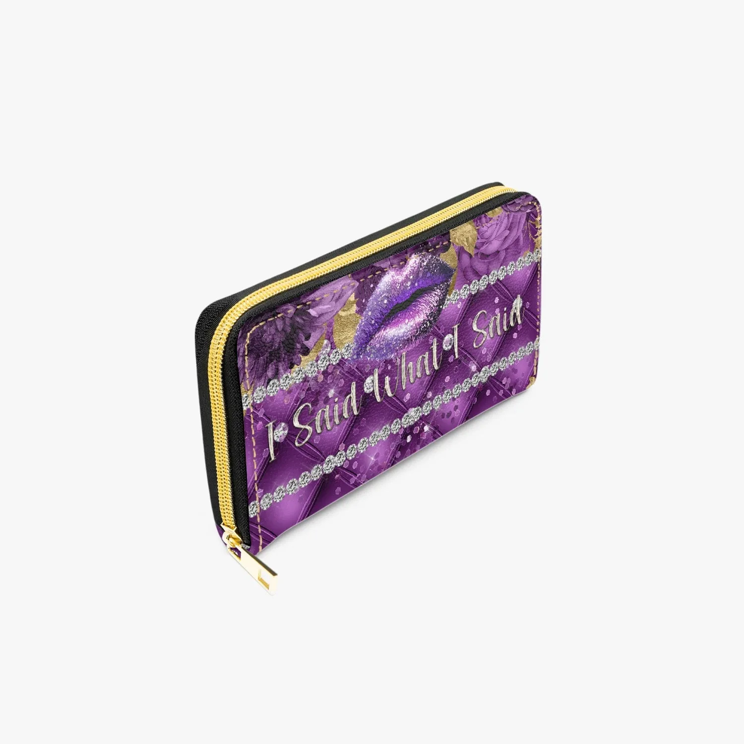 Long Type Zipper Purse - Purple Floral - Lips - I Said What I Said