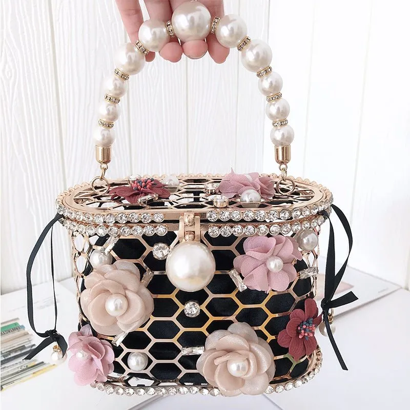 Luxy Moon Wedding Clutch Purse Flower Pearl Handbag Rhinestone Bucket Bag