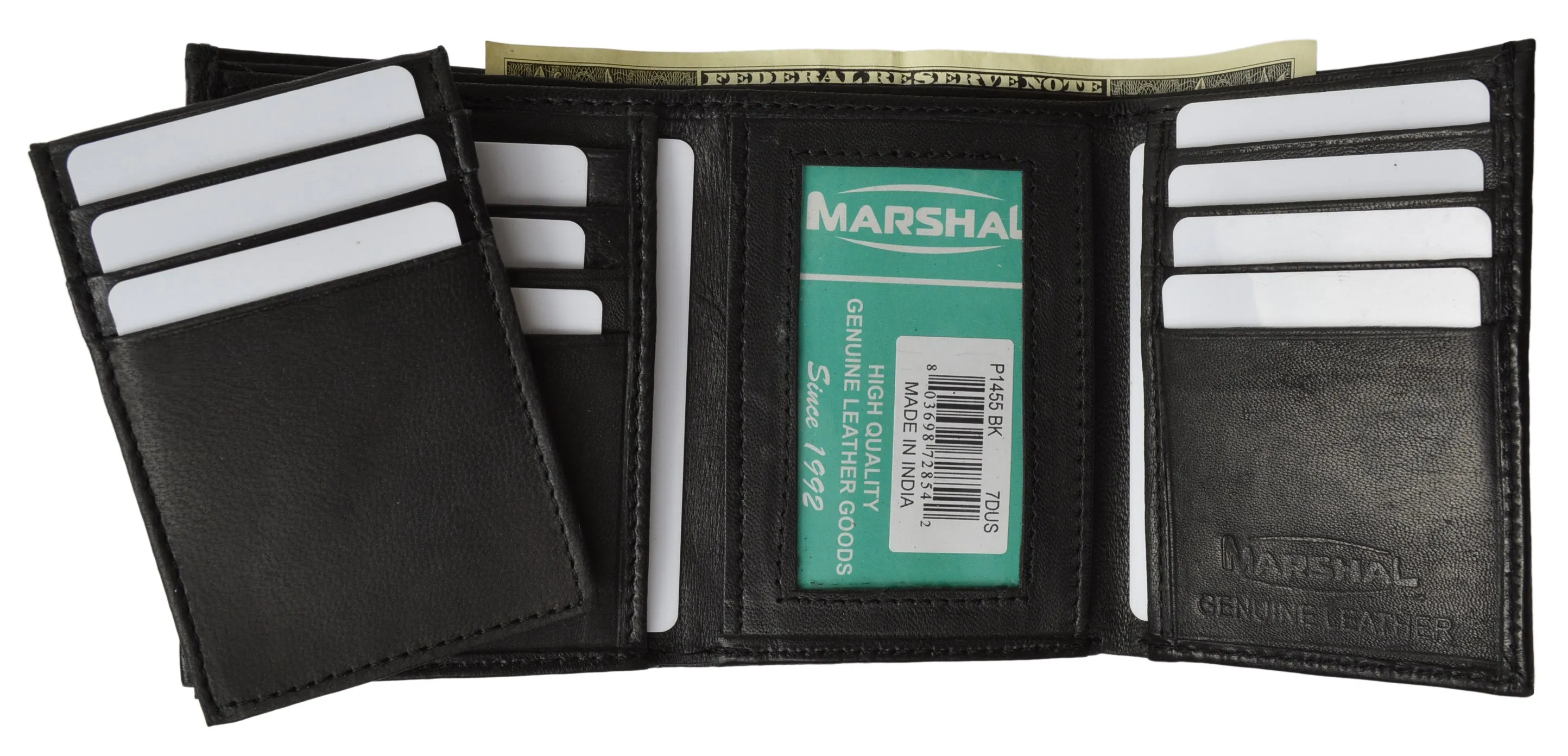 Marshal Genuine Leather Wallet Trifold with Pullout ID, Black