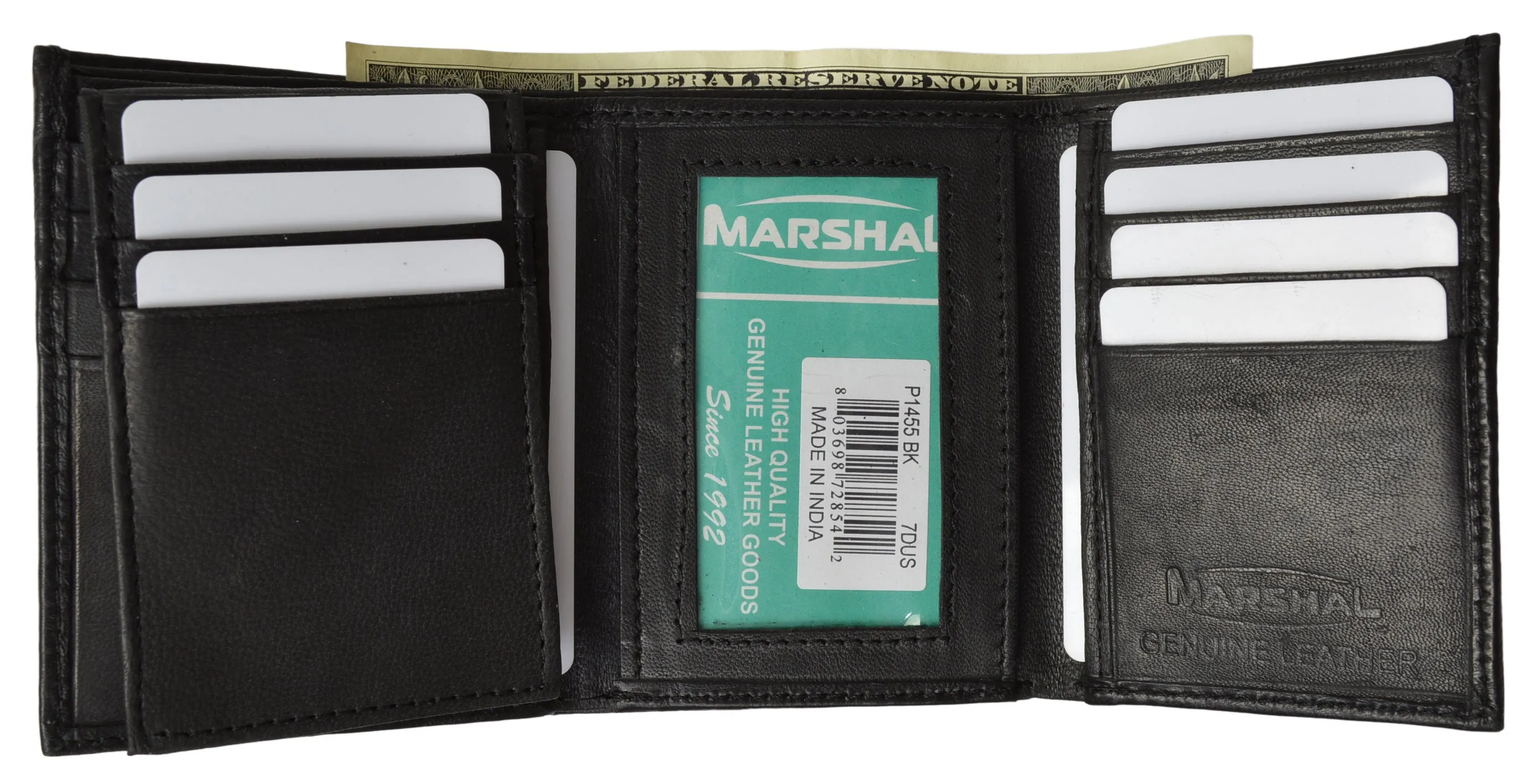 Marshal Genuine Leather Wallet Trifold with Pullout ID, Black