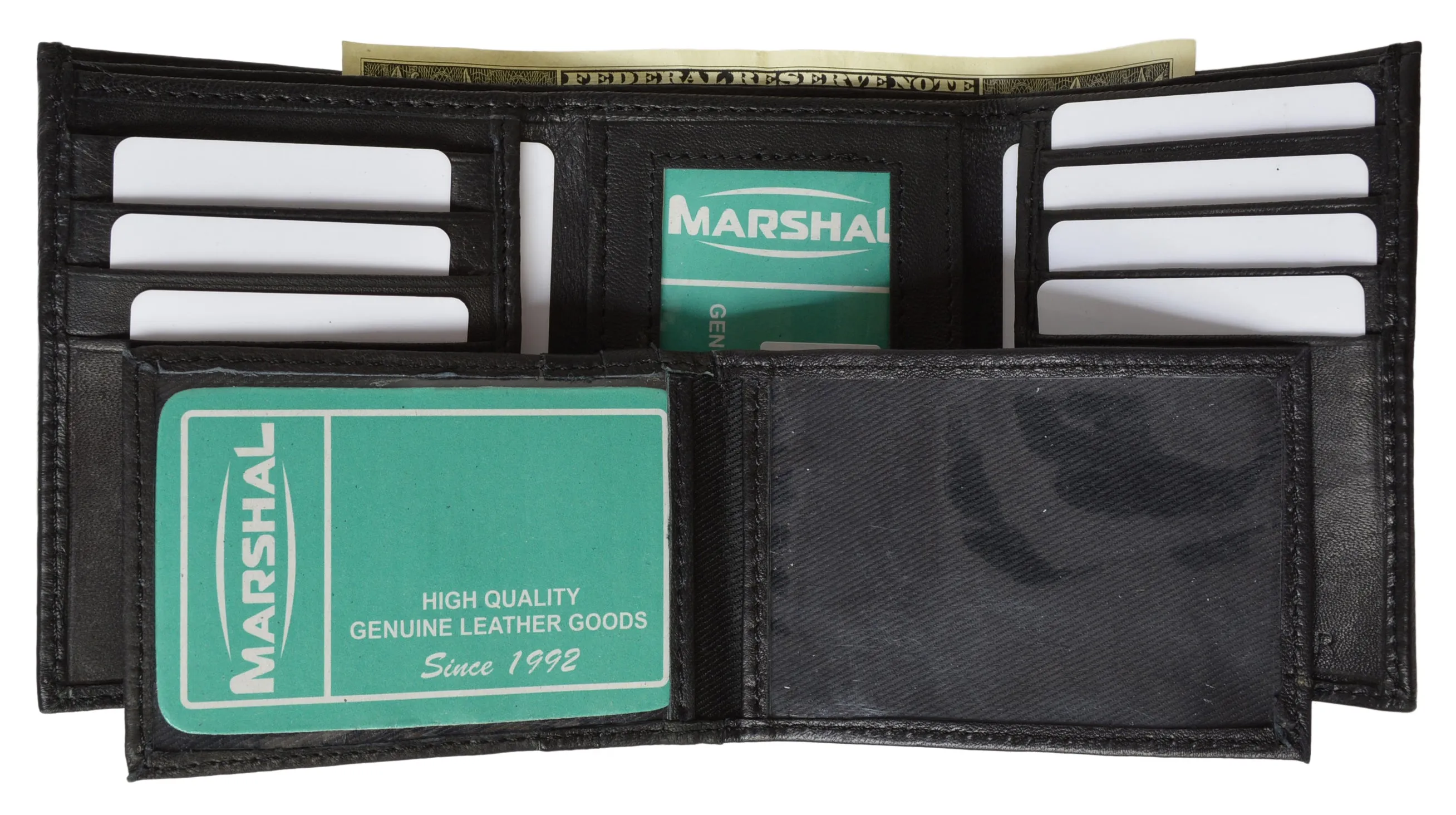 Marshal Genuine Leather Wallet Trifold with Pullout ID, Black