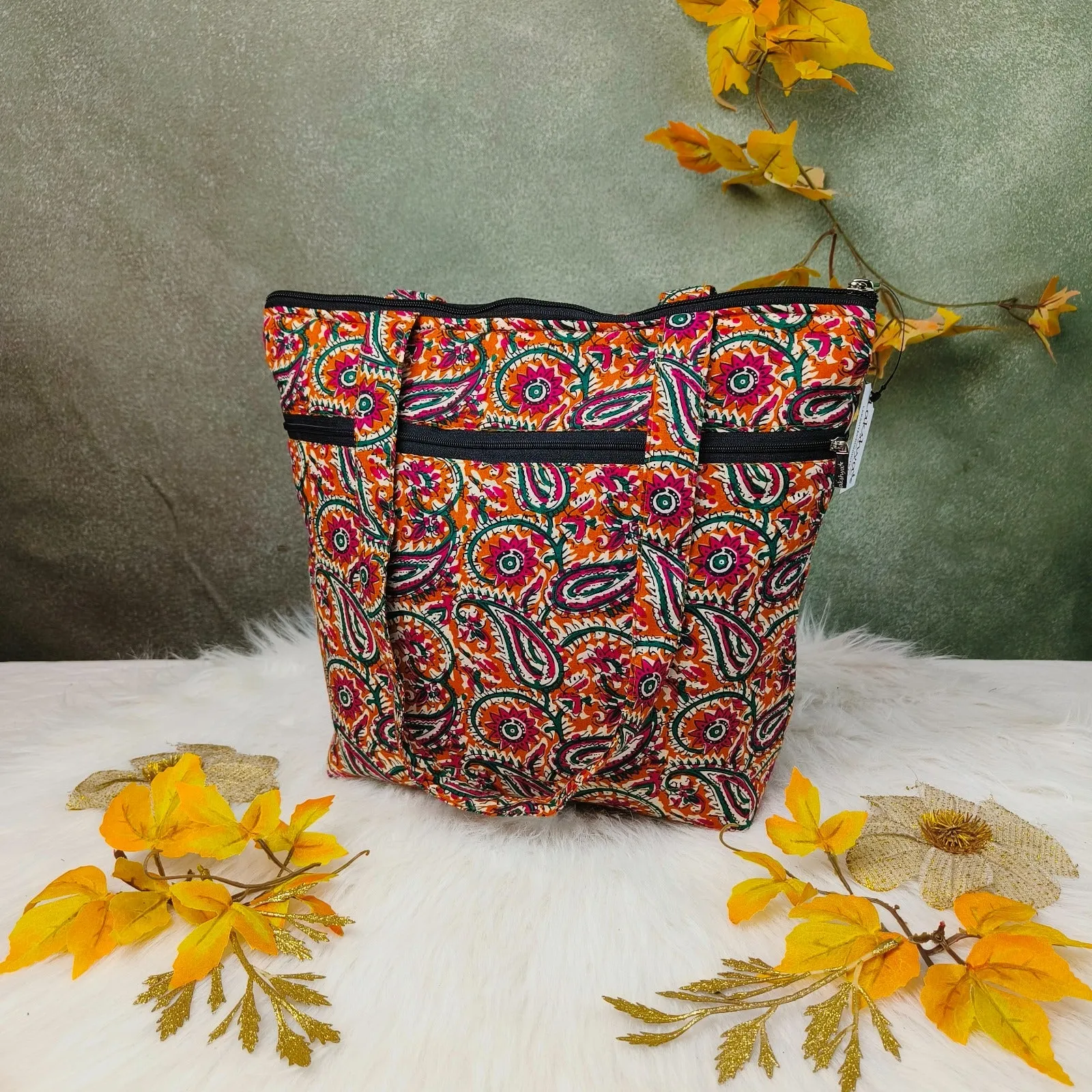 Medium Size Handbag Yellow with Multicolour Red Botanical Prints