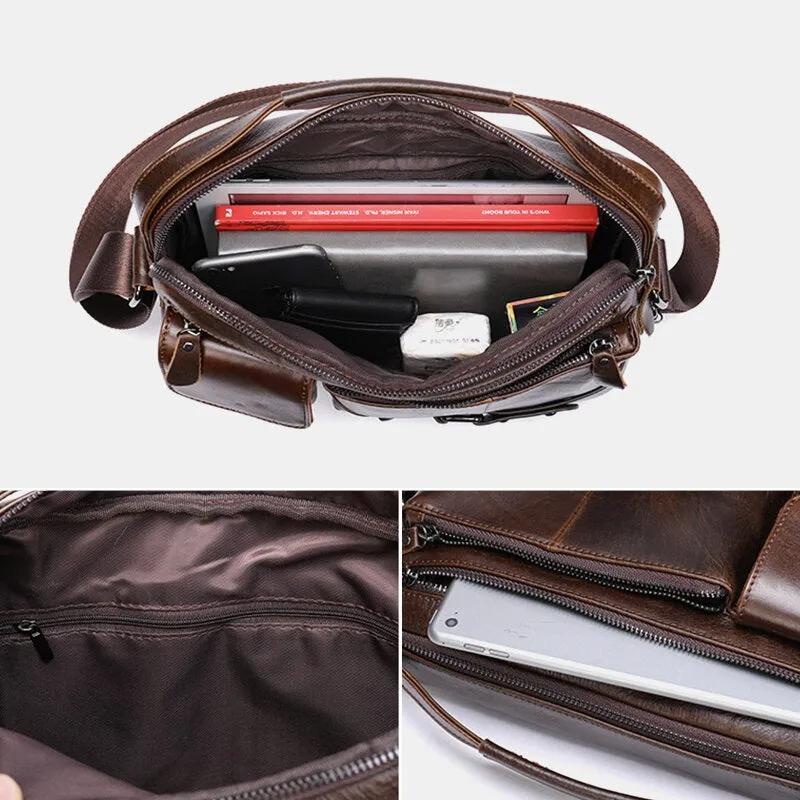 Men Oil Wax Leather Large Capacity Waterproof Messenger Bag Briefcase Multi-pocket Cowhide Crossbody Bags Shoulder