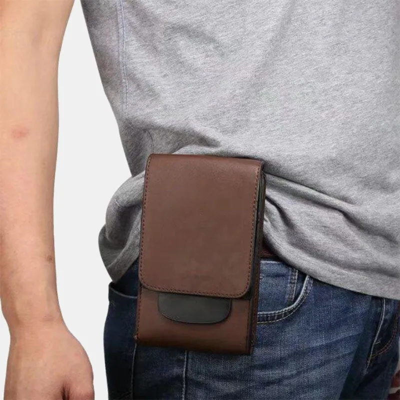 Men PU Leather Multifunction Vertical Waist Bag Vintage Light Weight Solid Phone Belt