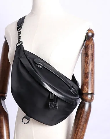 Mens Black Nylon Leather Fanny Pack Nylon Chest Bag Black Womens Hip Bag Nylon Waist Bag For Women