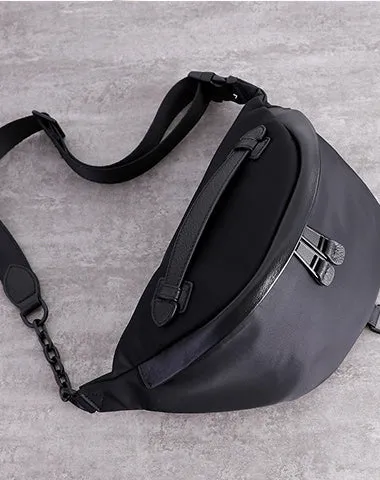 Mens Black Nylon Leather Fanny Pack Nylon Chest Bag Black Womens Hip Bag Nylon Waist Bag For Women