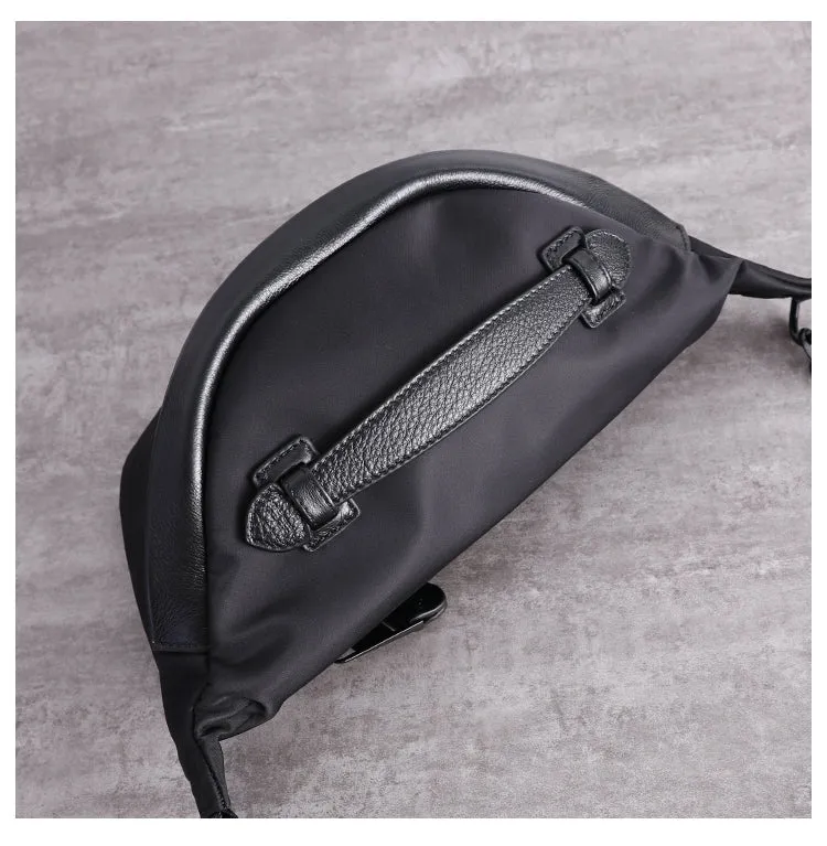 Mens Black Nylon Leather Fanny Pack Nylon Chest Bag Black Womens Hip Bag Nylon Waist Bag For Women