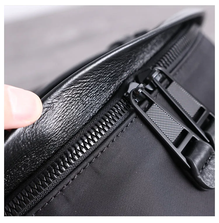 Mens Black Nylon Leather Fanny Pack Nylon Chest Bag Black Womens Hip Bag Nylon Waist Bag For Women