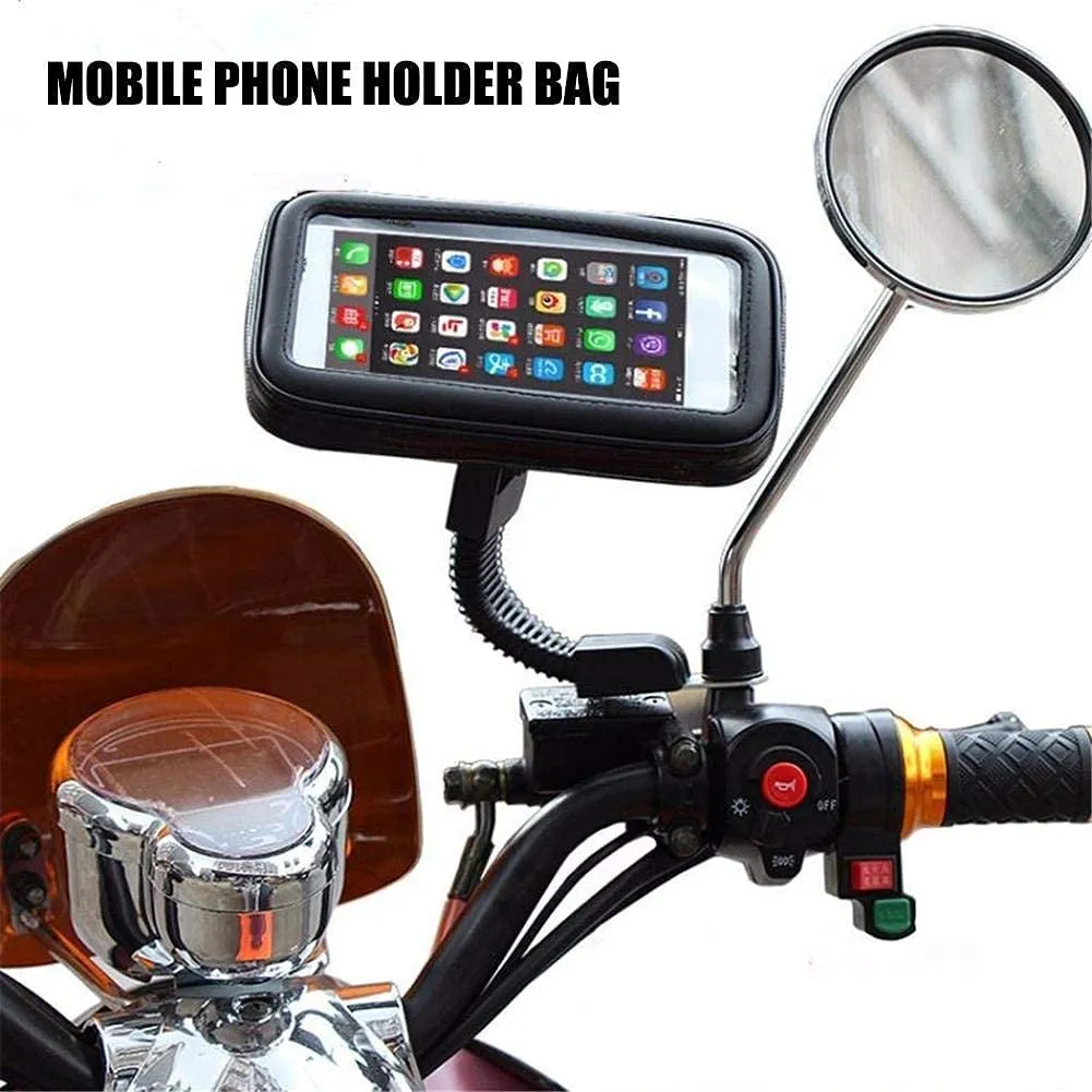 Moterbike Scooty Waterproof Zip Pouch Mobile Holder | Bike Rear View Mirror Phone Mount 360* Rotation Adjustable Size Up to 7" (Black)