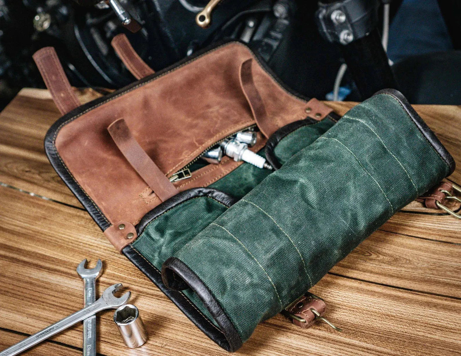 Motorcycle Tool Roll - Waxed Canvas & Genuine Leather | Handcrafted