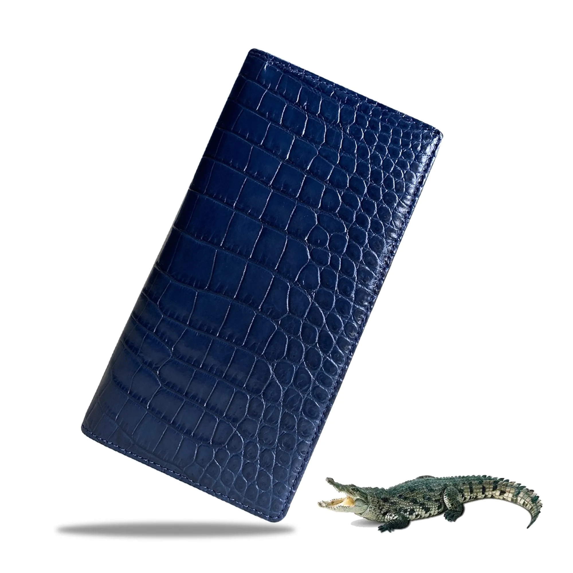 Navy Blue Double Side Alligator Long Wallet For Men | Premium Crocodile Leather Checkbook RFID Blocking | LON44-CS