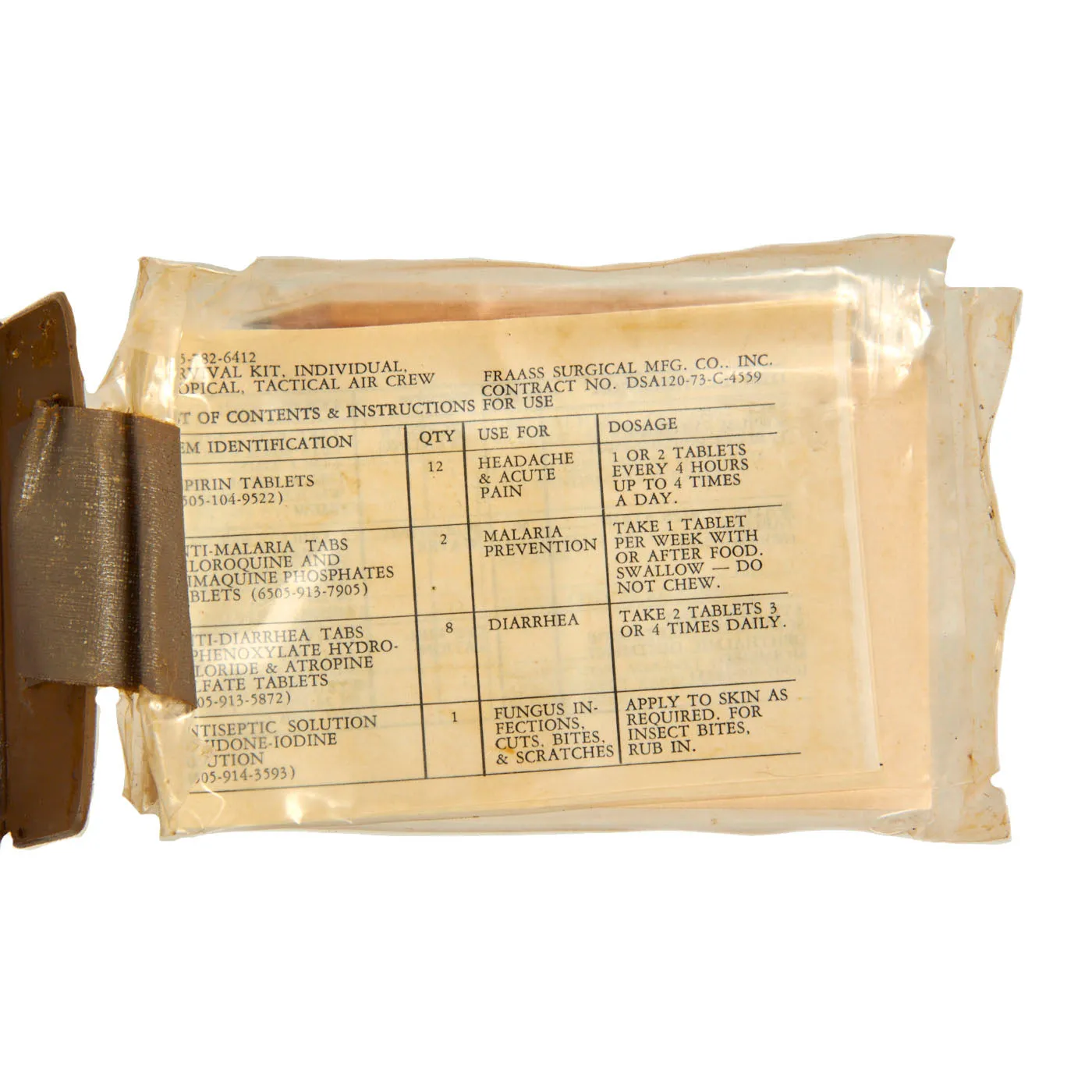 Original U.S. Vietnam War Tactical Air Crew Individual “Hot Wet” Tropical Survival Kit by Fraass Surgical Mfg. Company