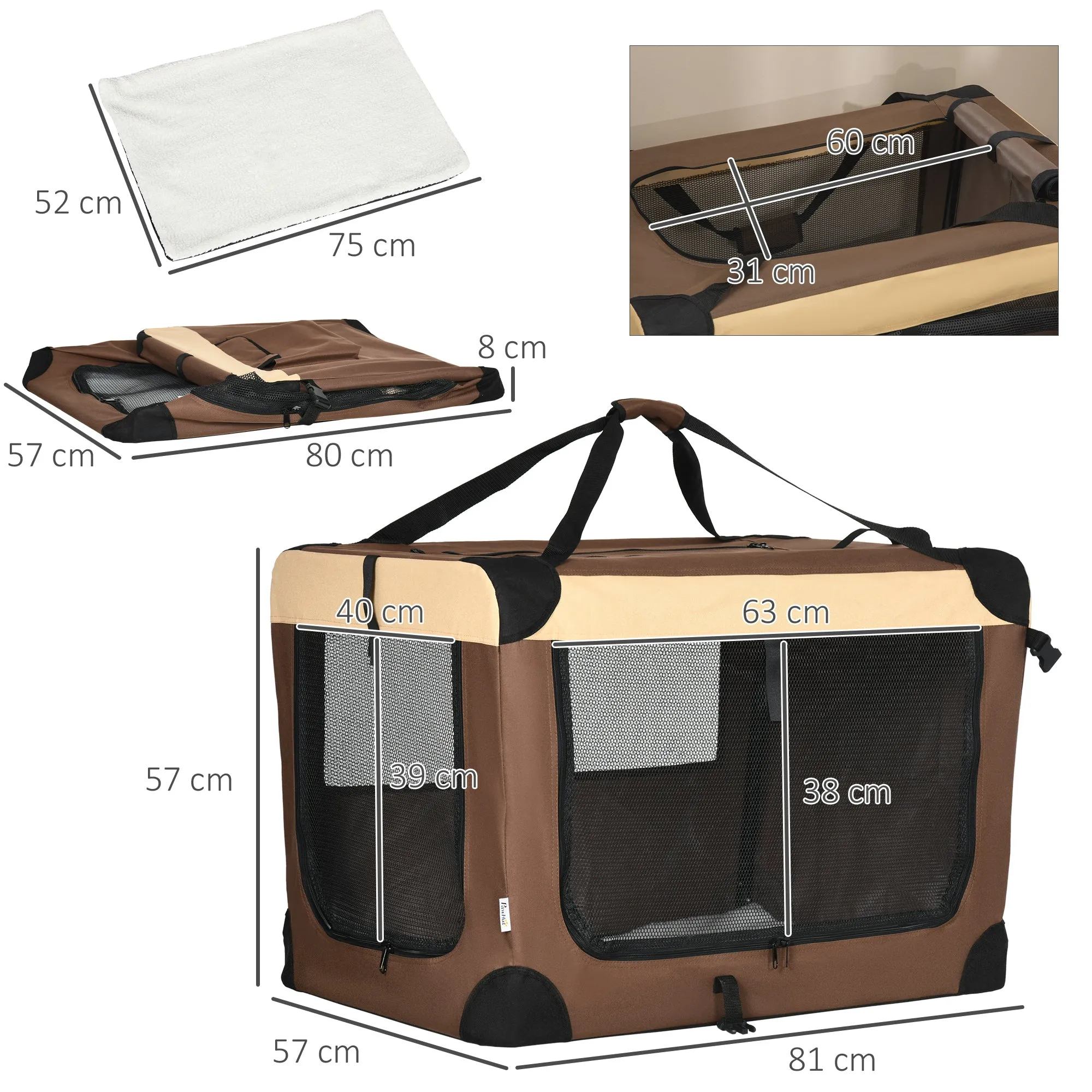 PawHut 81cm Brown Foldable Pet Carrier Bag Soft Travel Dog Crate for Medium Dogs