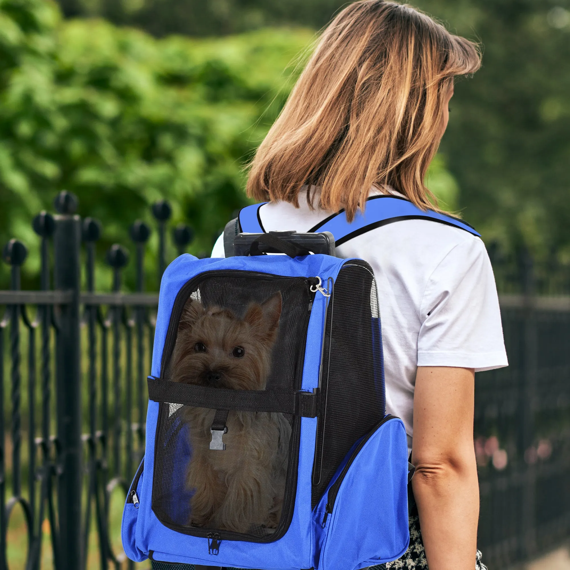 PawHut Pet Blue Travel Backpack Bag Cat Puppy Dog Carrier w/ Trolley and Telescopic