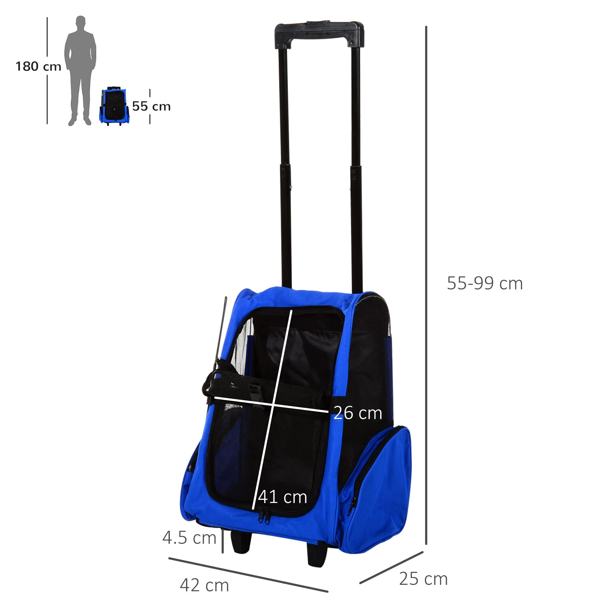 PawHut Pet Blue Travel Backpack Bag Cat Puppy Dog Carrier w/ Trolley and Telescopic