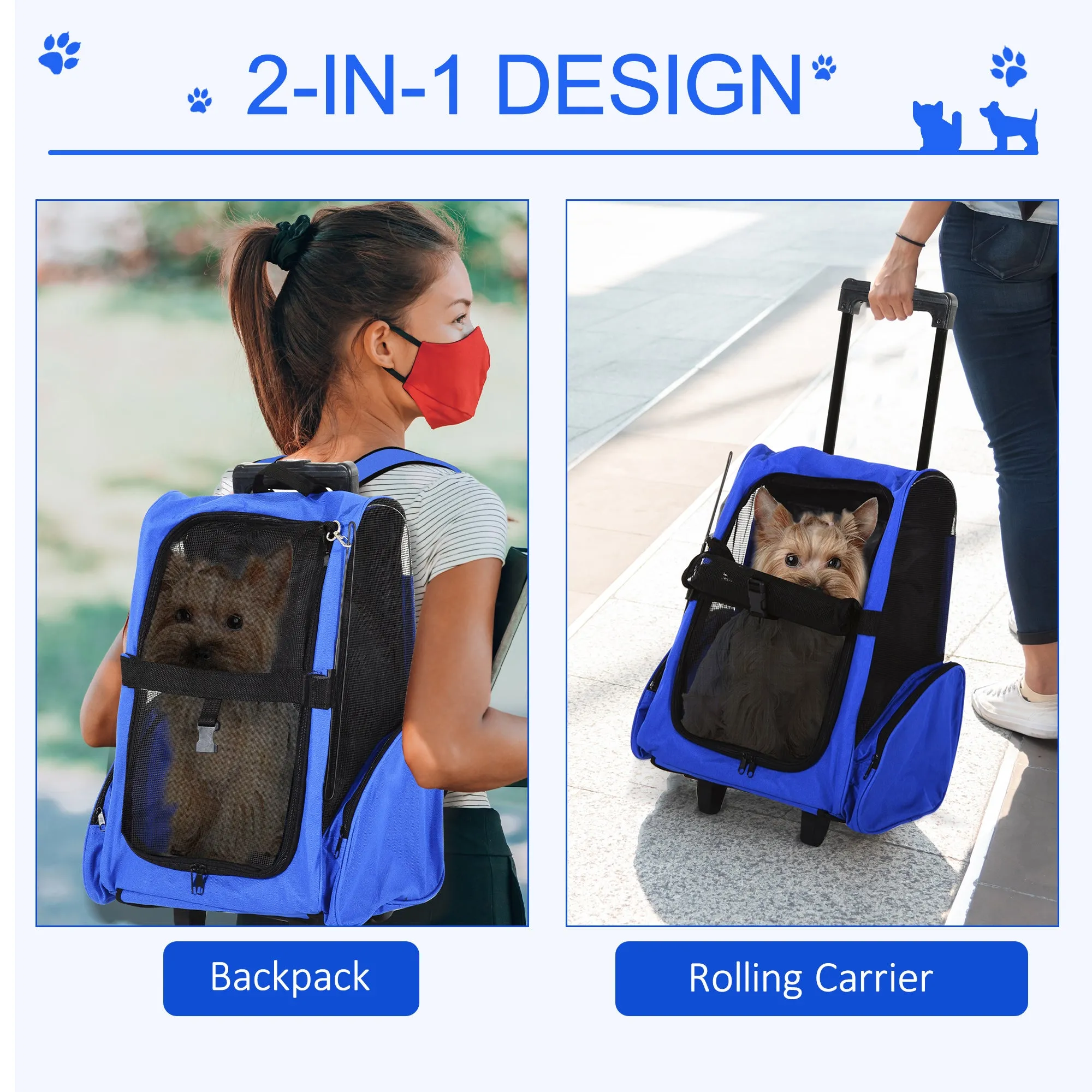 PawHut Pet Blue Travel Backpack Bag Cat Puppy Dog Carrier w/ Trolley and Telescopic