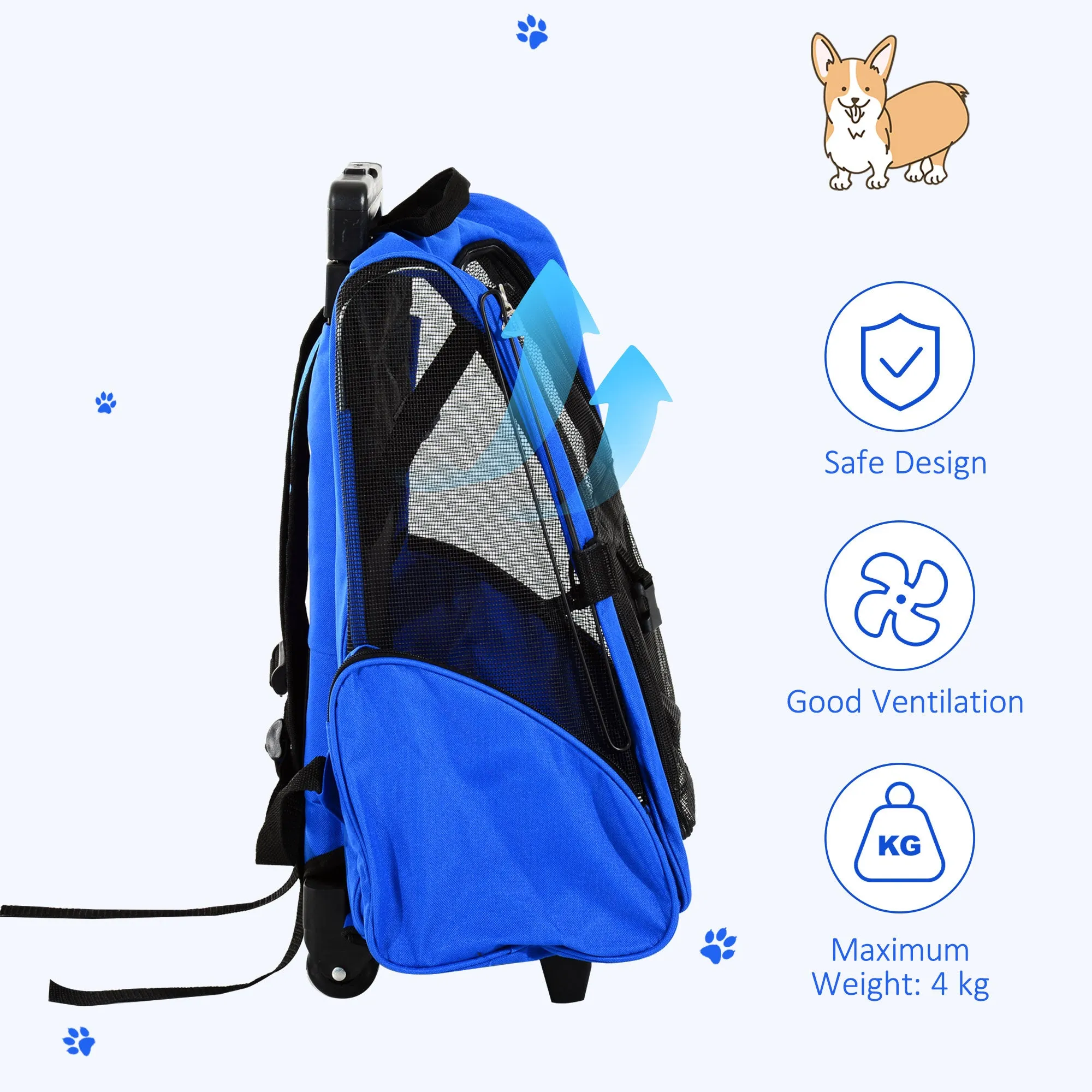 PawHut Pet Blue Travel Backpack Bag Cat Puppy Dog Carrier w/ Trolley and Telescopic