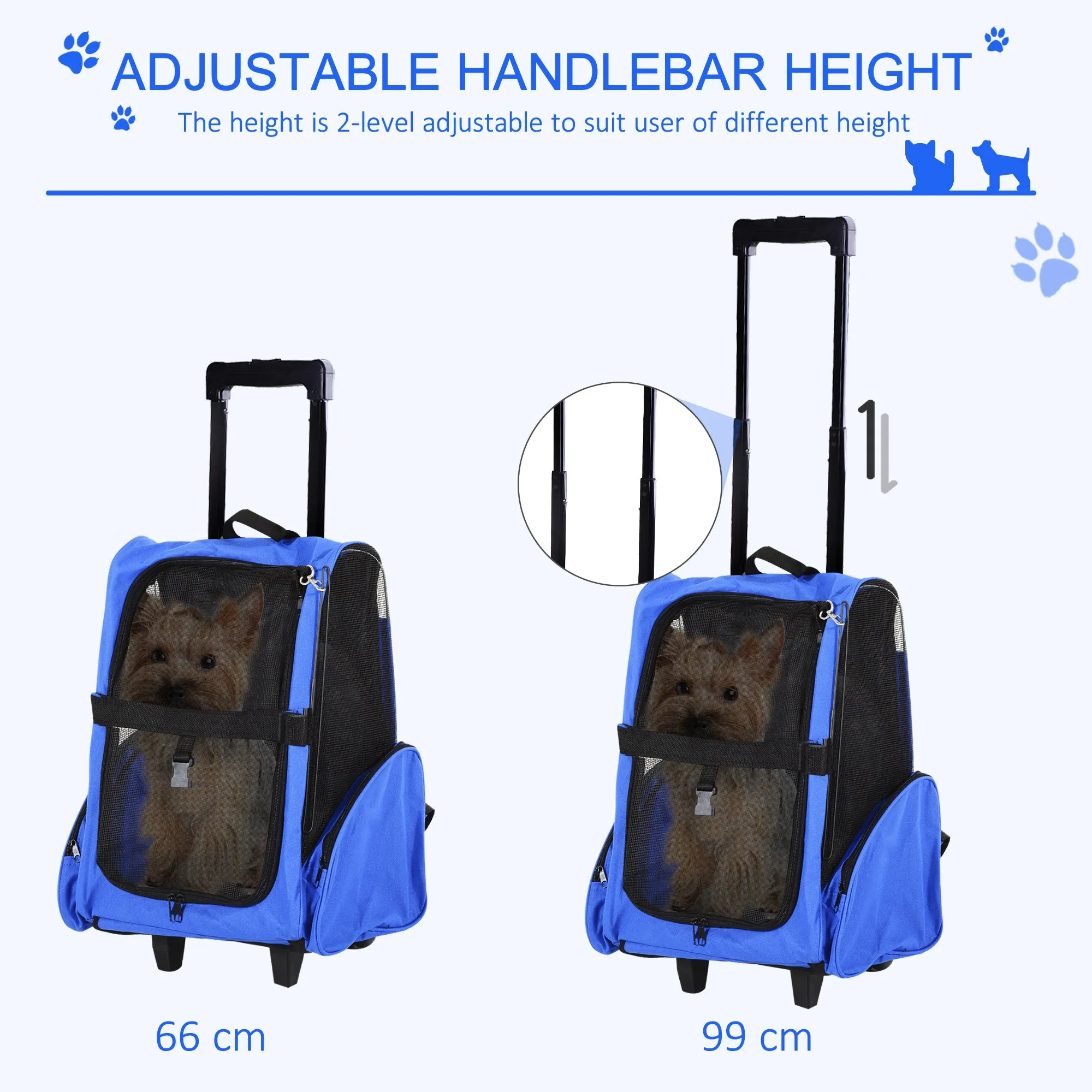 PawHut Pet Blue Travel Backpack Bag Cat Puppy Dog Carrier w/ Trolley and Telescopic