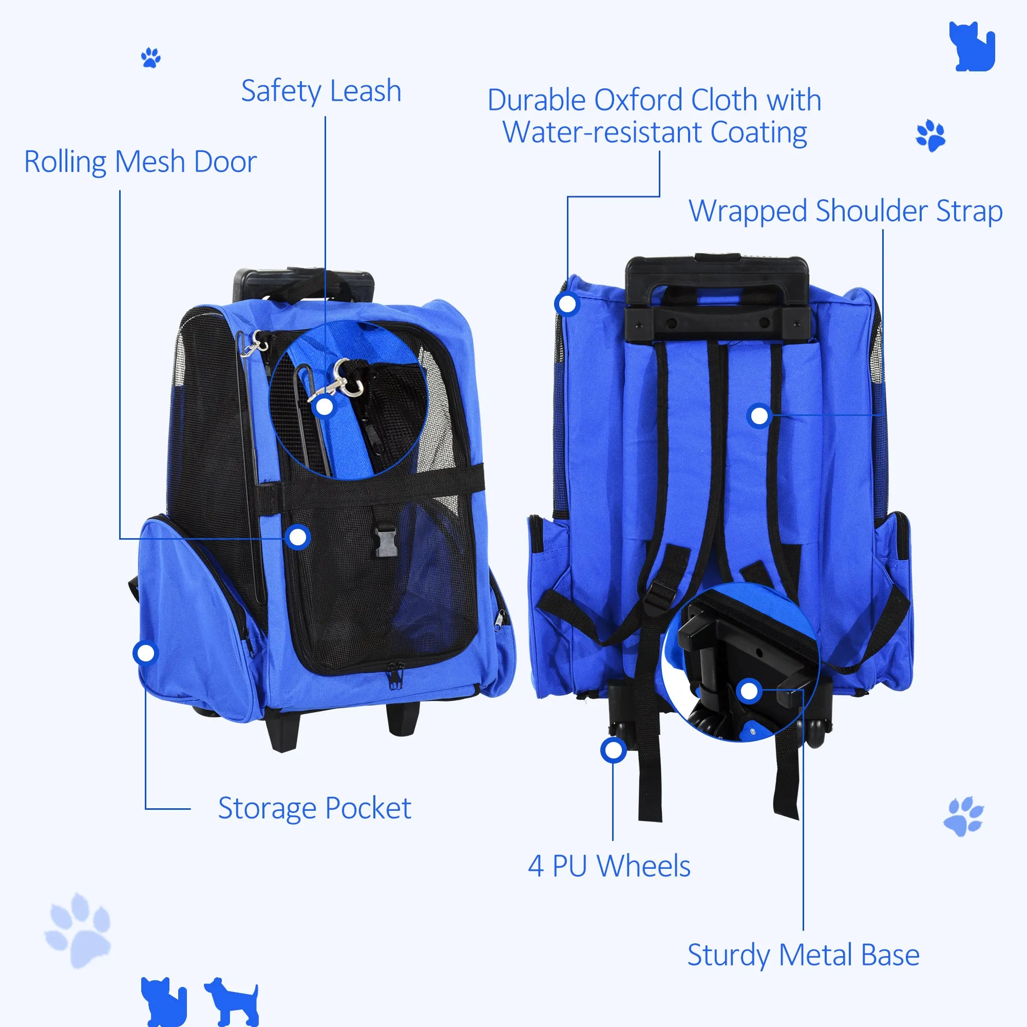 PawHut Pet Blue Travel Backpack Bag Cat Puppy Dog Carrier w/ Trolley and Telescopic