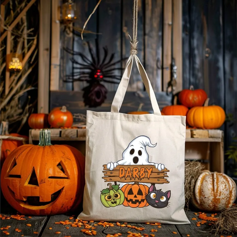 Personalized Halloween Tote Bag, Custom Name Trick or Treat Candy Bag