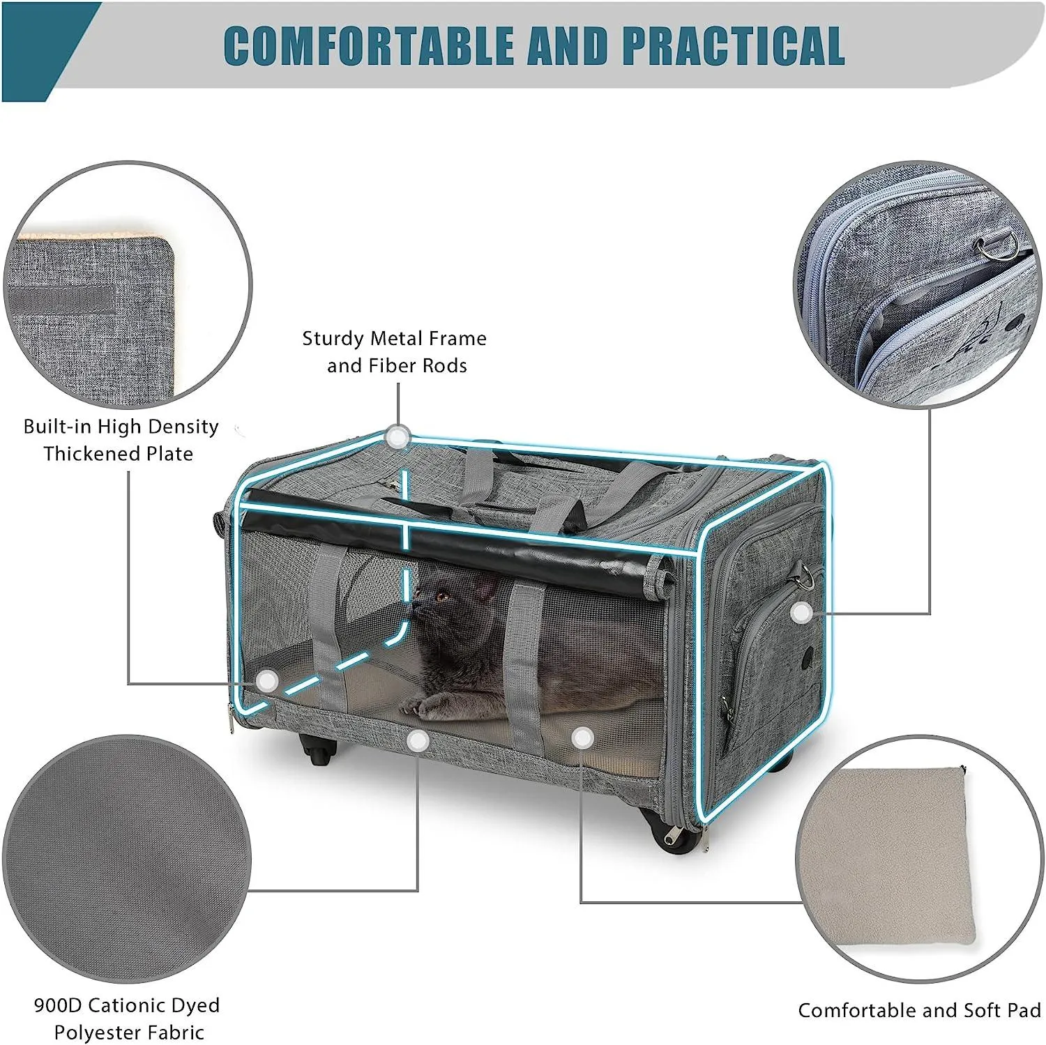 Portable Pet Carrier Up to 33lbs with Breathable Mesh & Safe Locking Zippers, Airline Approved