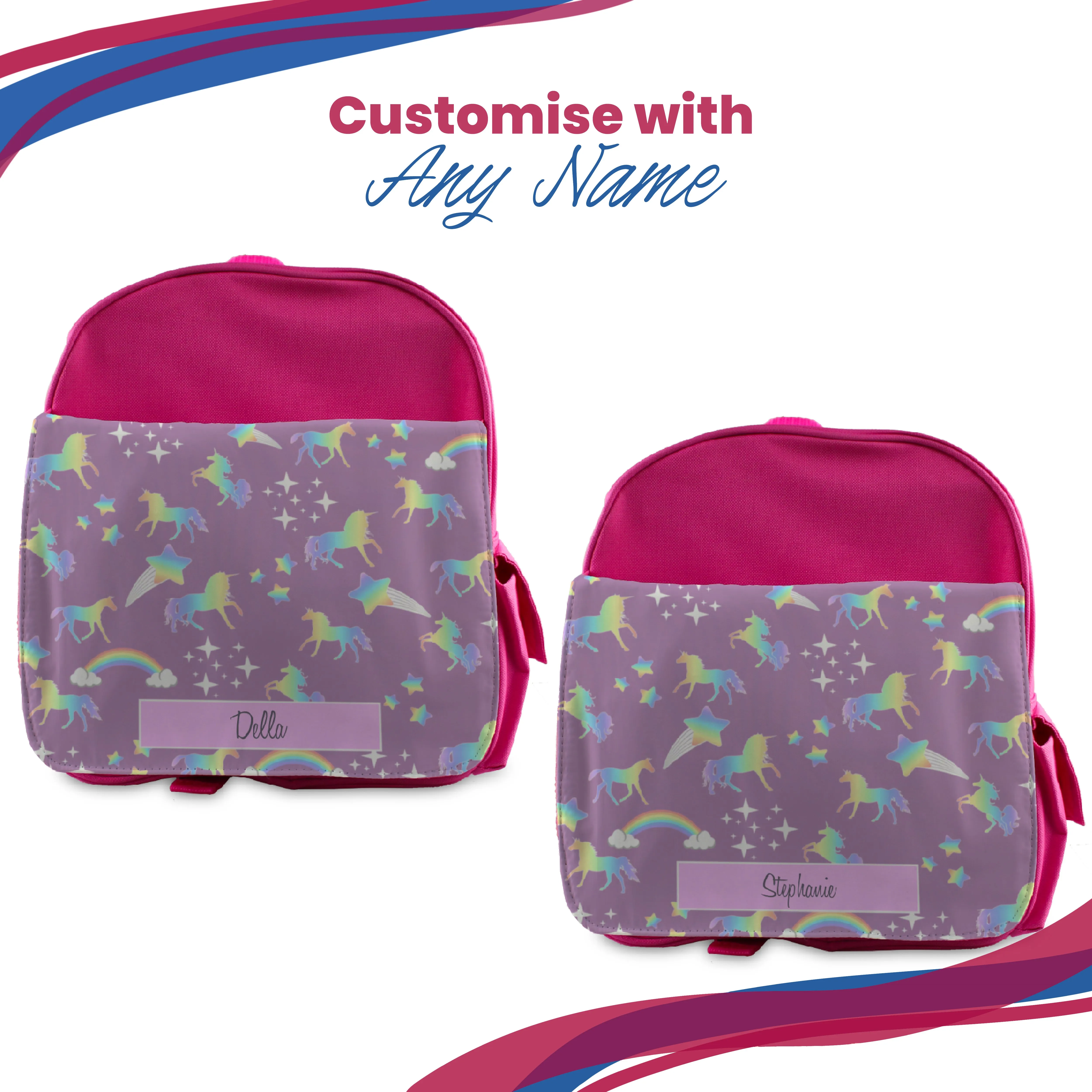 Printed Kids Pink Backpack with Unicorn Design, Customise with Any Name