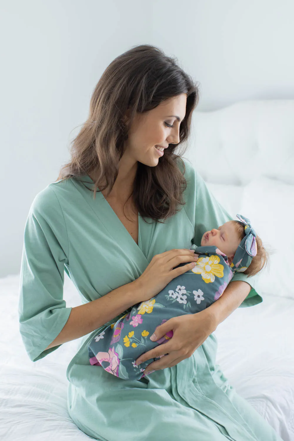 Sage Green Pregnancy Robe & Charlotte Swaddle Blanket & Headband Set